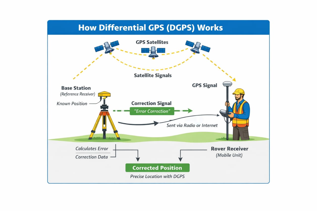 Differential GPS diagram showing satellites, base station and rover receiver